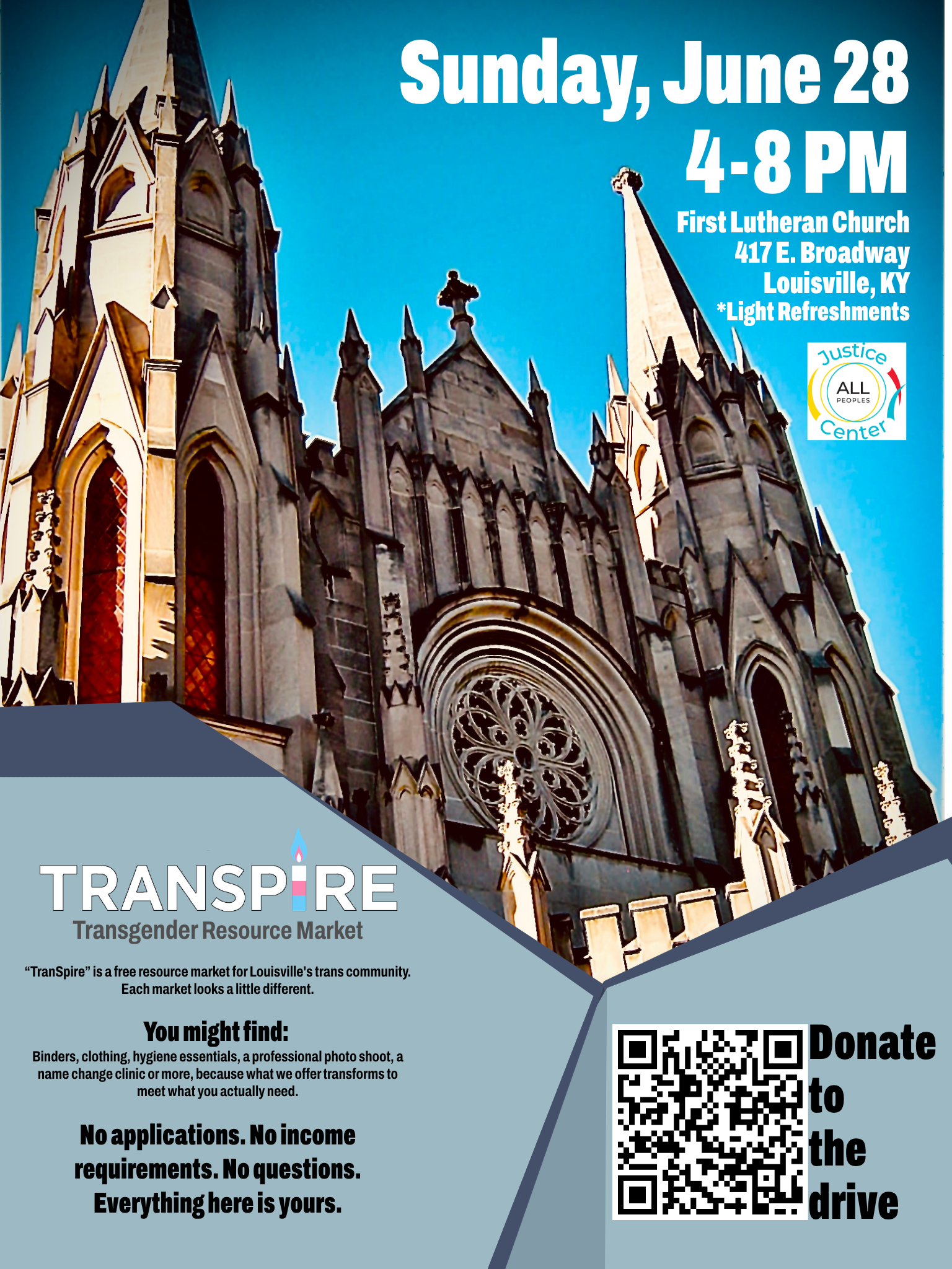 Donation drive flyer for the Transpire Transgender Resource Market