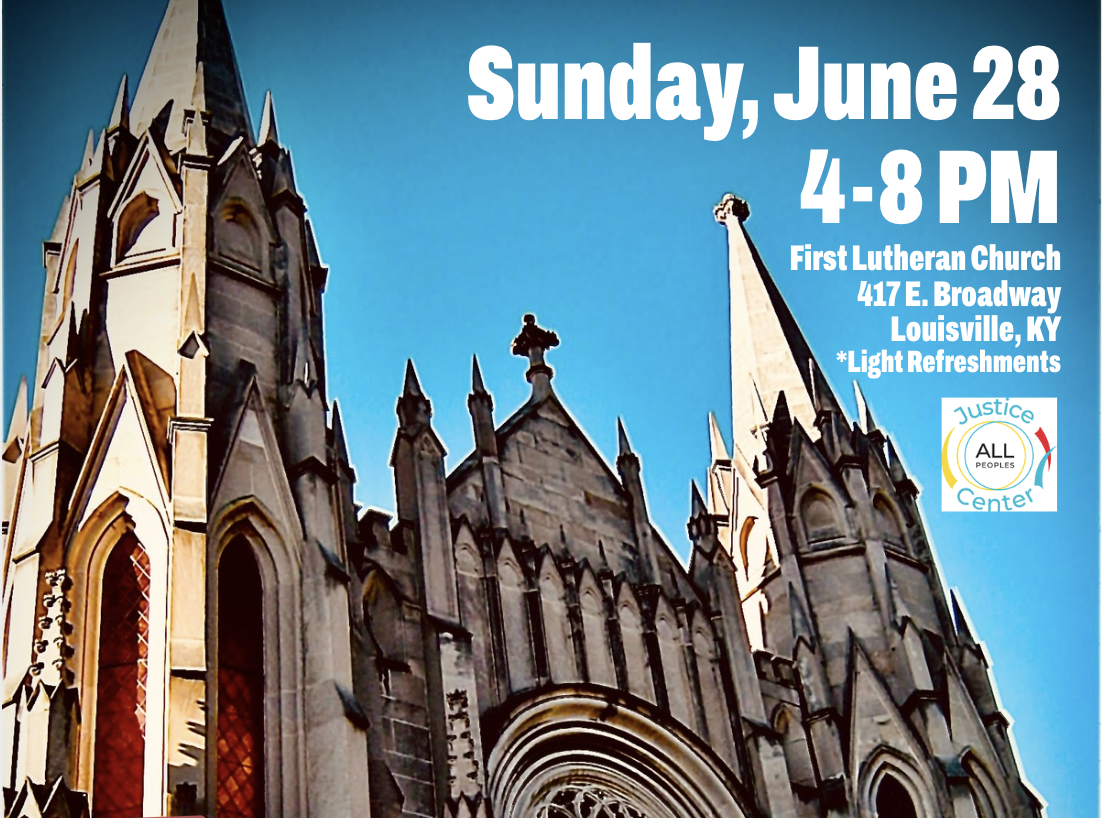 Transpire event flyer: Sunday, June 28, 4-8 PM at First Lutheran Church, 417 E. Broadway, Louisville, KY. Light refreshments provided.